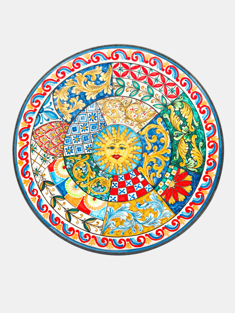 Preview: Table de jardin sicilienne en pierre de lave avec motif soleil méditerranéen